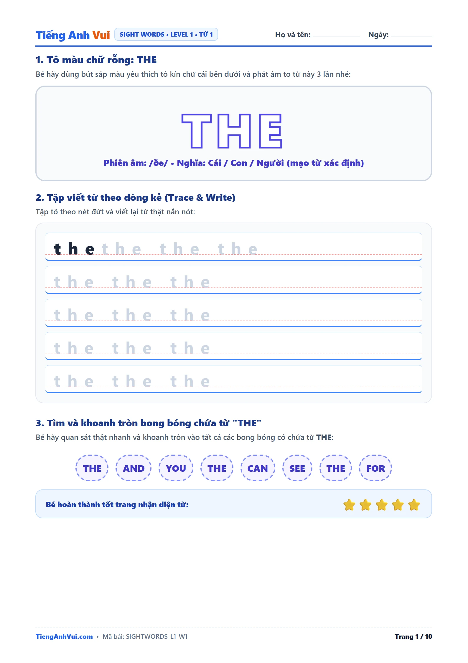 Bộ luyện Sight Words - Trang 1